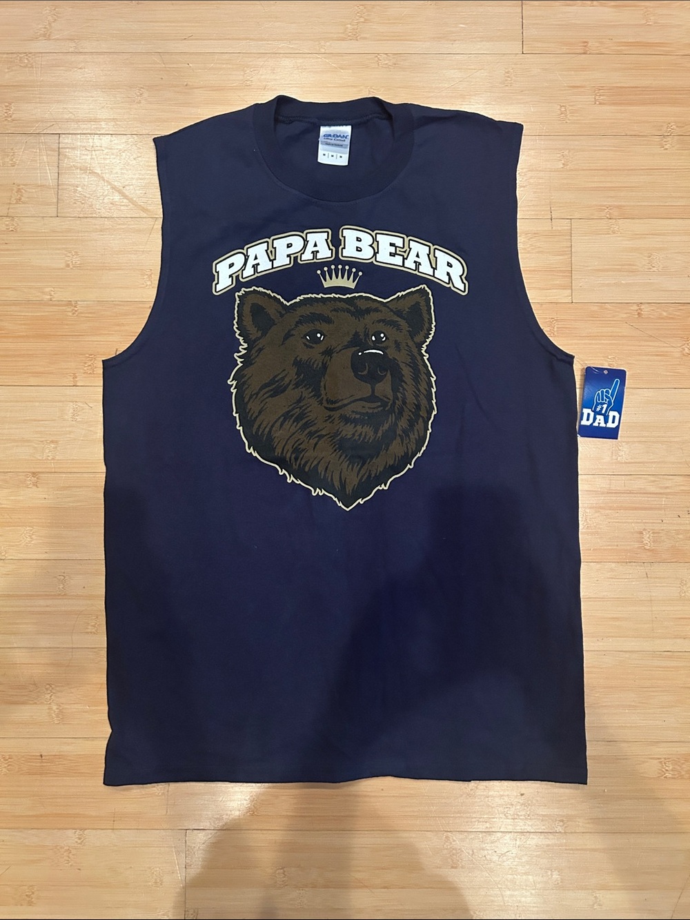 Gildan Navy Sleeveless Tank with 'Papa Bear' Crowned Bear Graphic